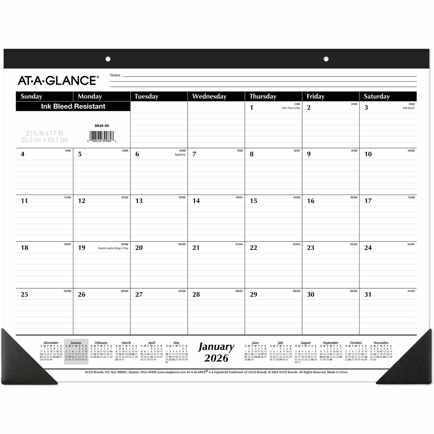AT-A-GLANCE 2026 Desk Calendar, Monthly, Desk Pad, 21-3/4" x 17", Large, Ruled Blocks (SK240026)