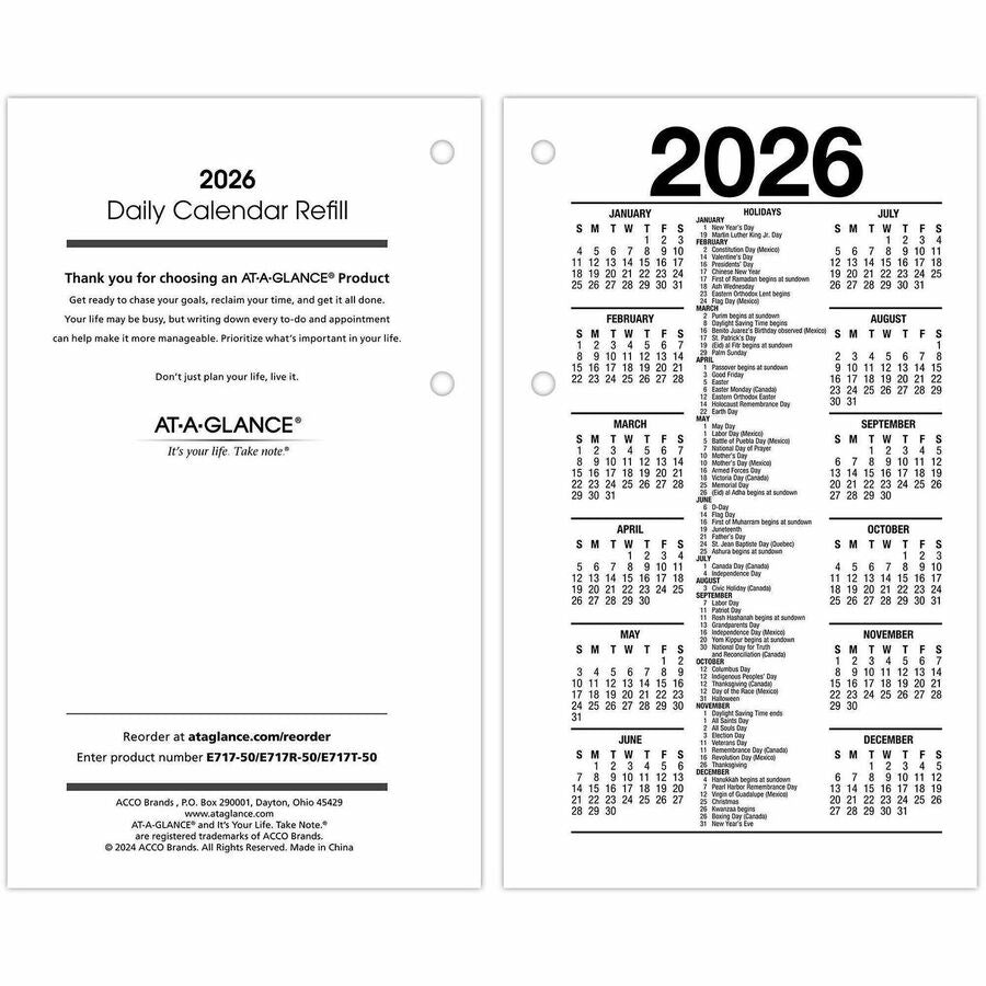 AT-A-GLANCE 2026 Daily Desk Calendar Refill, 3-1/2" x 6", Loose-Leaf, 2-Ring (E71750)