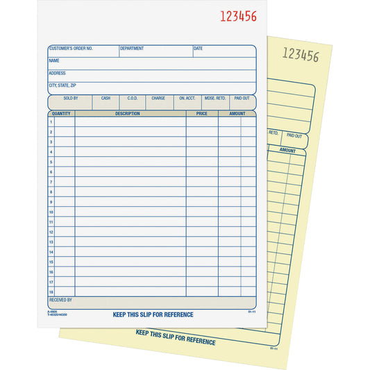 Two copies of a receipt or invoice form with printed text and numbers on a white background. Adams Sales Order Books for Business, 2 Part Carbonless, 50 Sets/Book, 1 Book (DC4705)