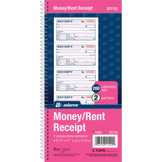 Adams Spiral Money Rent Receipt Books, 2 Part, 5-1/4" x 11", 1 each