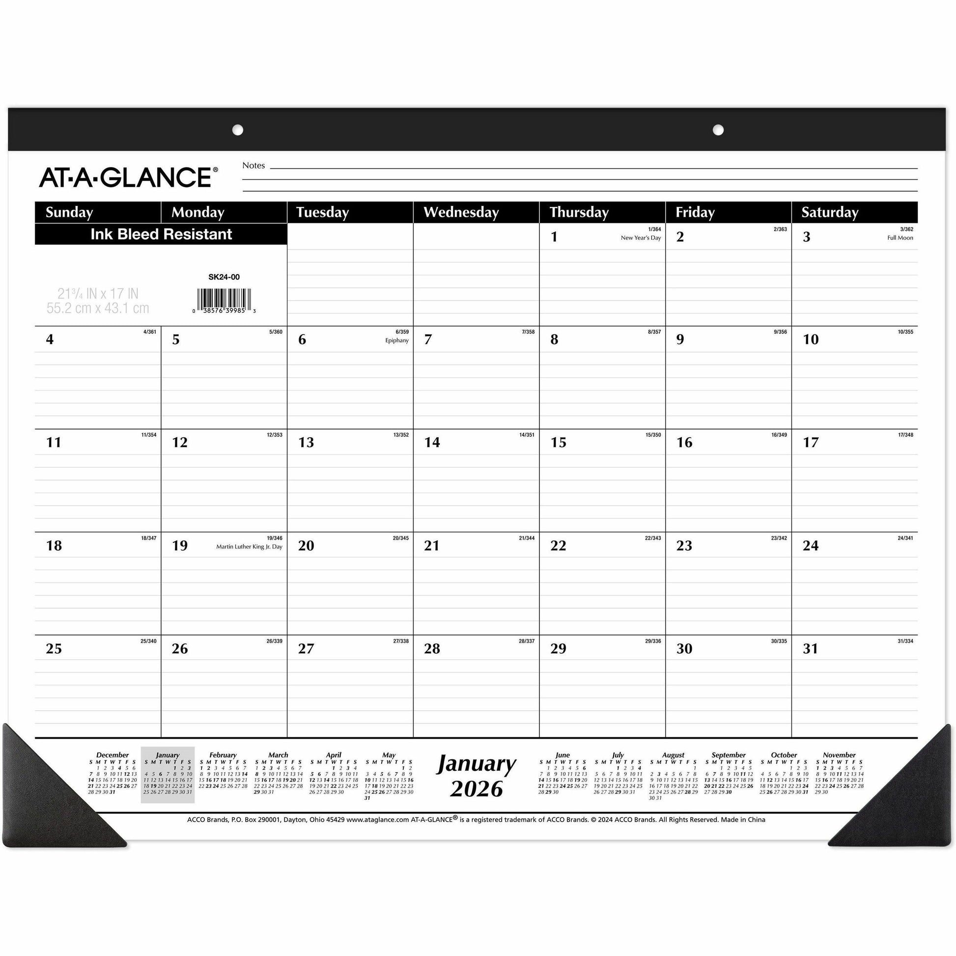 AT-A-GLANCE 2026 Desk Calendar, Monthly, Desk Pad, 21-3/4" x 17", Large, Ruled Blocks (SK240026)