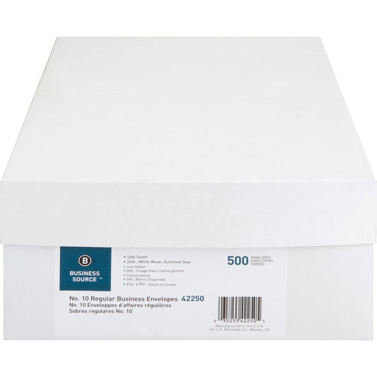 Business Source #10 White Wove Envelopes 9.5"x4.125" Gummed Seal 24lb 500/Box