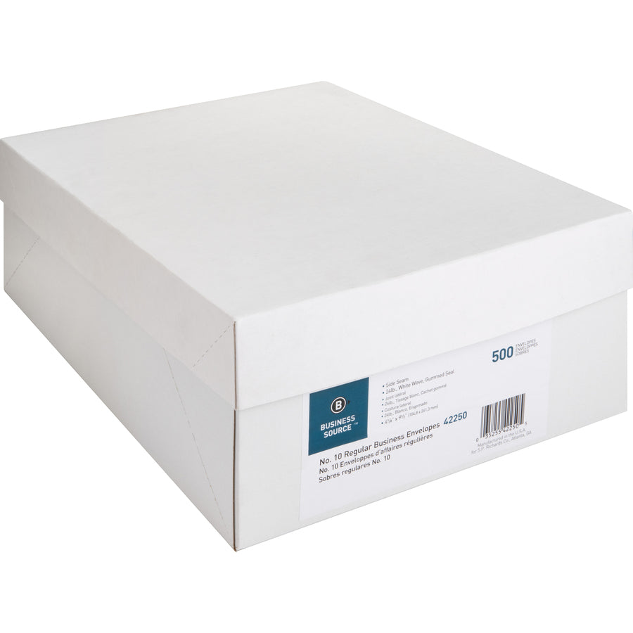 Business Source #10 White Wove Envelopes 9.5"x4.125" Gummed Seal 24lb 500/Box