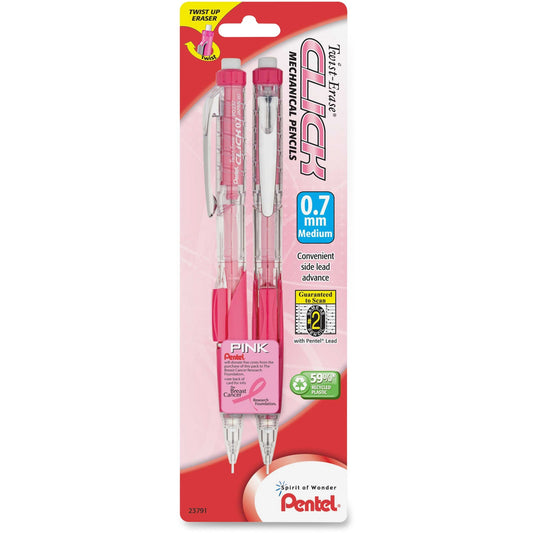 Pentel Twist-Erase Pink Click Mechanical Pencils – 0.7 mm, #2 HB Lead, 2-Pack