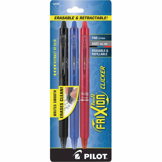 Pilot Frixion Clicker Erasable Gel Pen, Assorted Ink, 3 per Pack (31467)