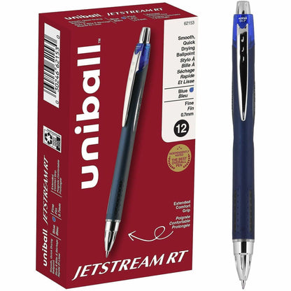 uniball Jetstream RT Retractable Ballpoint Pens, Fine Point, 0.7 mm, Blue Barrel, Blue Ink, Pack Of 12