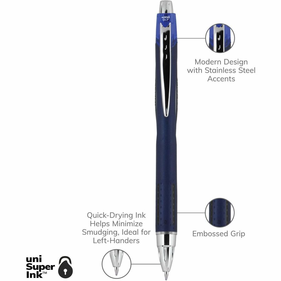 uniball Jetstream RT Retractable Ballpoint Pens, Fine Point, 0.7 mm, Blue Barrel, Blue Ink, Pack Of 12