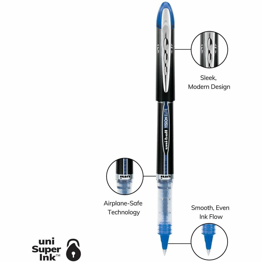 uni-ball Vision Elite Rollerball Pen, Micro Tip, 0.5mm, Blue, with features highlighted on a white background