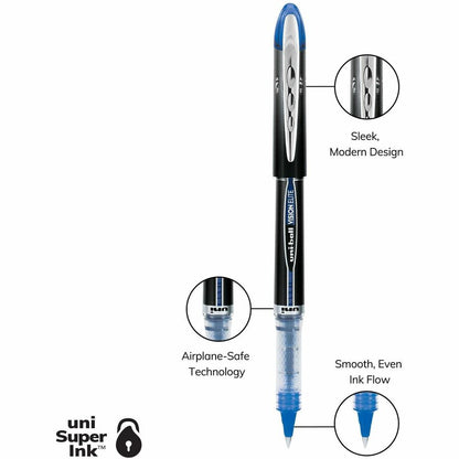 uni-ball Vision Elite Rollerball Pen, Micro Tip, 0.5mm, Blue, with features highlighted on a white background