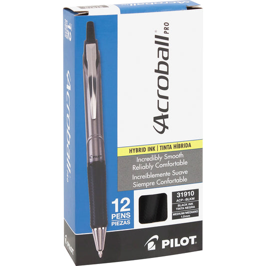 31910 Pilot Acroball Pro RT Ballpoint Pen, Medium 1.0mm, Black Ink, Pack of 12