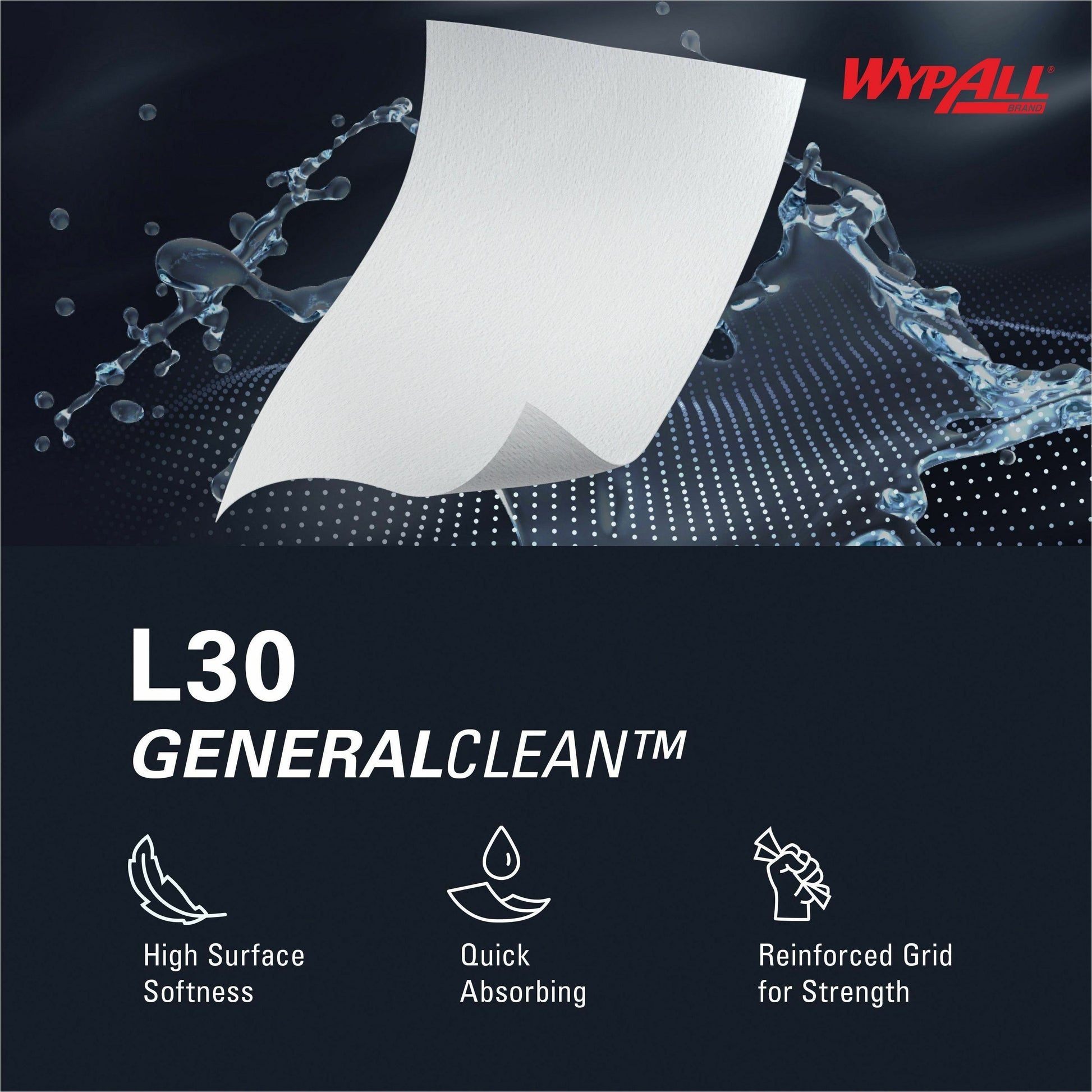 Wypall L30 General Clean towel with water droplets and Wypall logo on a dark background