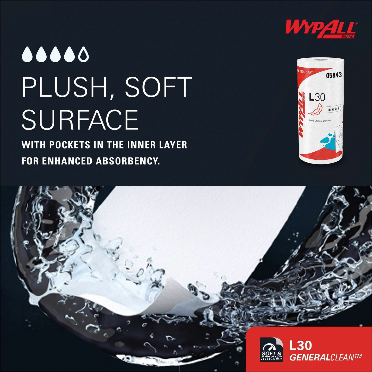 WypAll L30 towel with water splash on a dark background, featuring product packaging and text about absorbency.