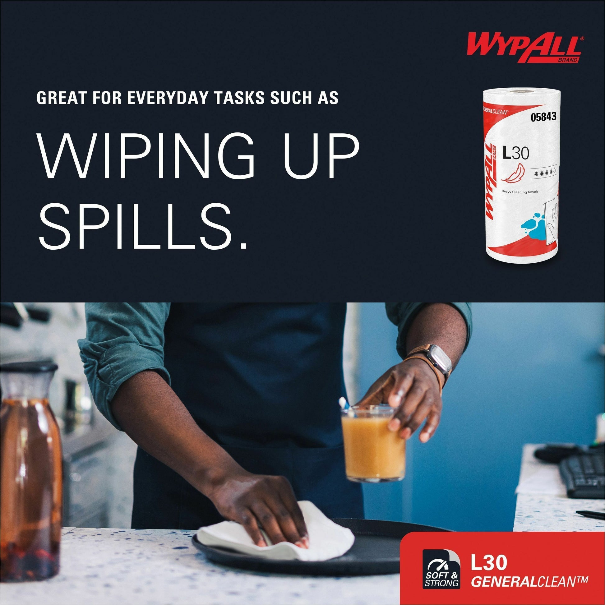 Wypall L30 paper towel roll with person cleaning a spill in a kitchen setting, featuring Wypall branding.
