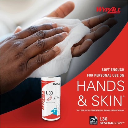 WypAll L30 cleaning wipe being used on hands with WypAll branding.