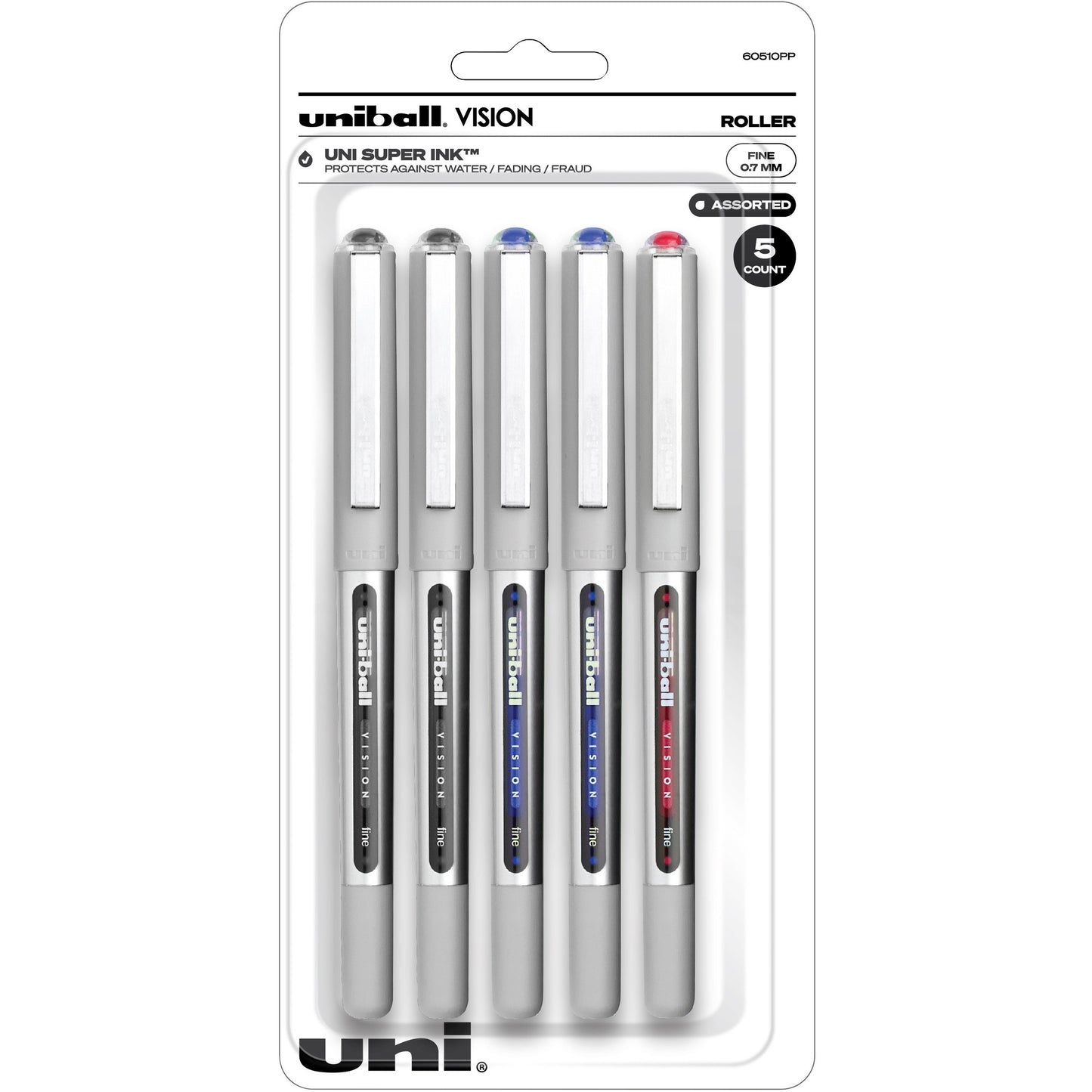 uni-ball™ Vision Rollerball Pens – 0.7mm Fine Point, Black/Blue/Red Ink, 5-Pack