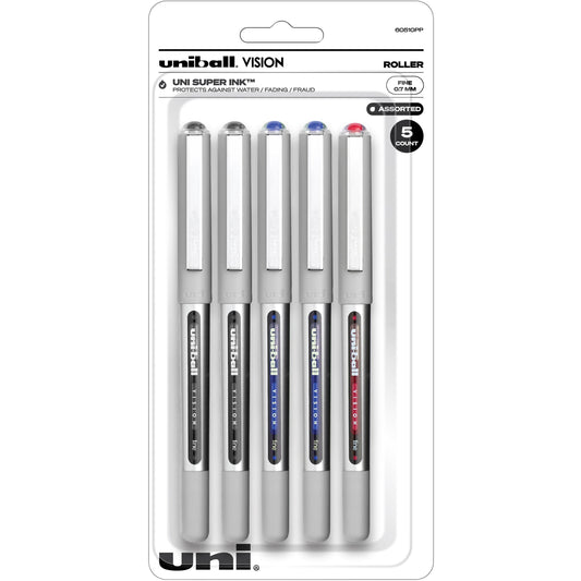 uni-ball™ Vision Rollerball Pens – 0.7mm Fine Point, Black/Blue/Red Ink, 5-Pack