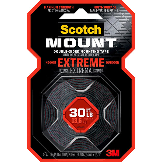 Scotch Mount Extreme double-sided mounting tape packaging with 3M branding.