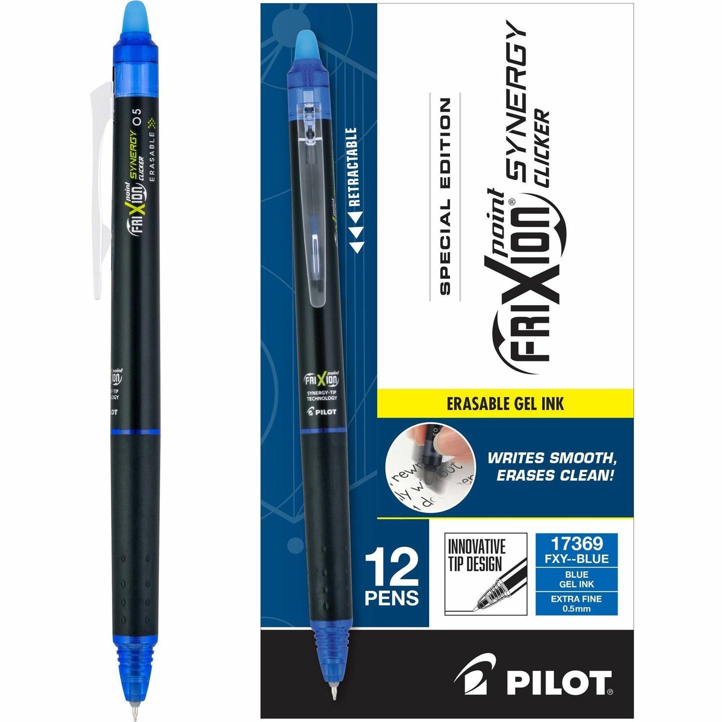 Pilot FriXion Synergy Clicker Erasable Gel Pens – 0.5mm Extra Fine, Blue Ink, 12-Pack