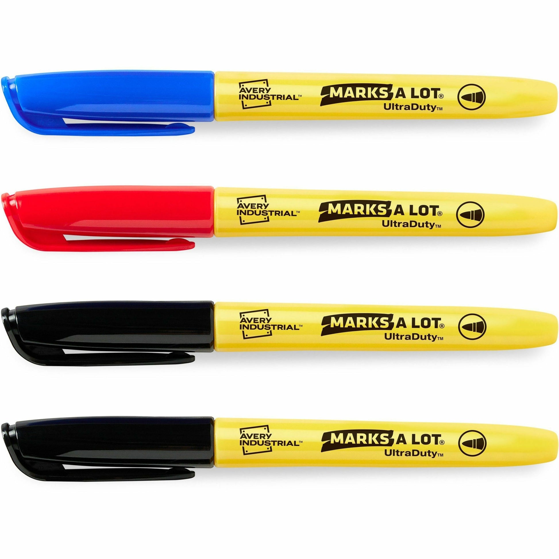 Four Mark's A Lot UltraDuty markers in blue, red, and black on a white background.