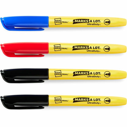 Four Mark's A Lot UltraDuty markers in blue, red, and black on a white background.