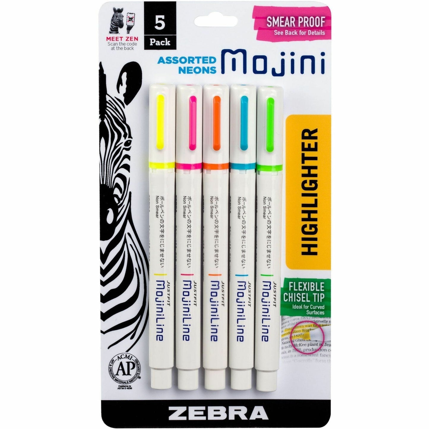 Zebra Pen Mojini Highlighter Set, Soft Chisel Tip, Assorted Colors, 5Pk (70205)