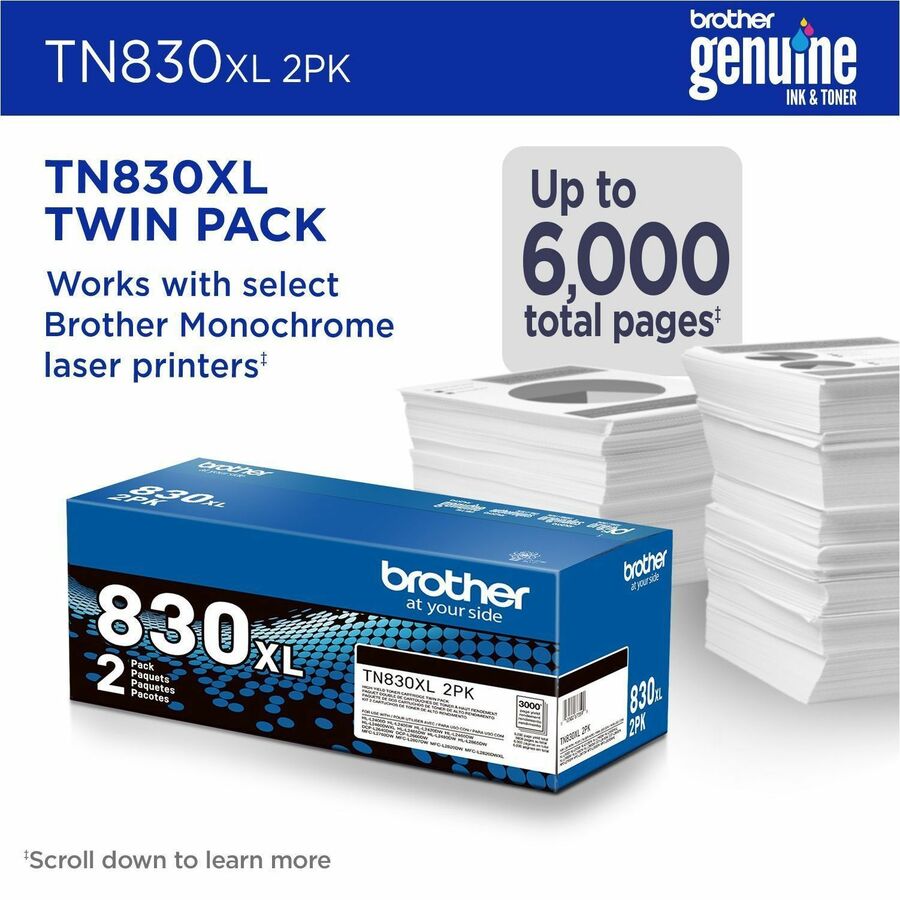 Brother Genuine TN830XL 2PK Black High Yield Printer Toner Cartridge 2-Pack