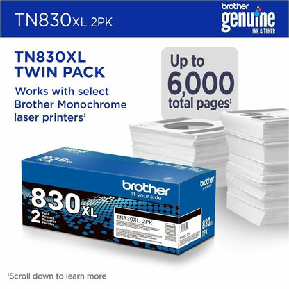 Brother Genuine TN830XL 2PK Black High Yield Printer Toner Cartridge 2-Pack