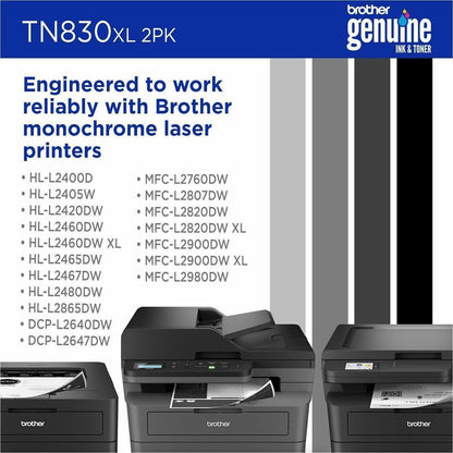 Brother TN830XL ink cartridge packaging with printer models compatibility list.