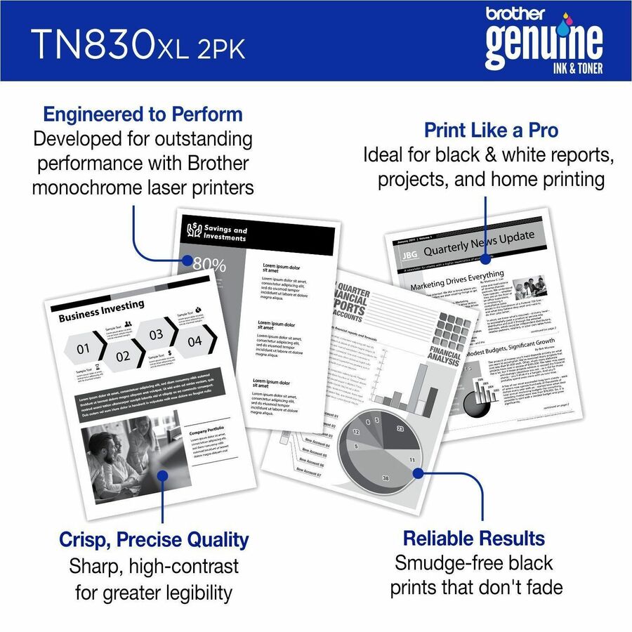 Brother Genuine TN830XL 2PK Black High Yield Printer Toner Cartridge 2-Pack