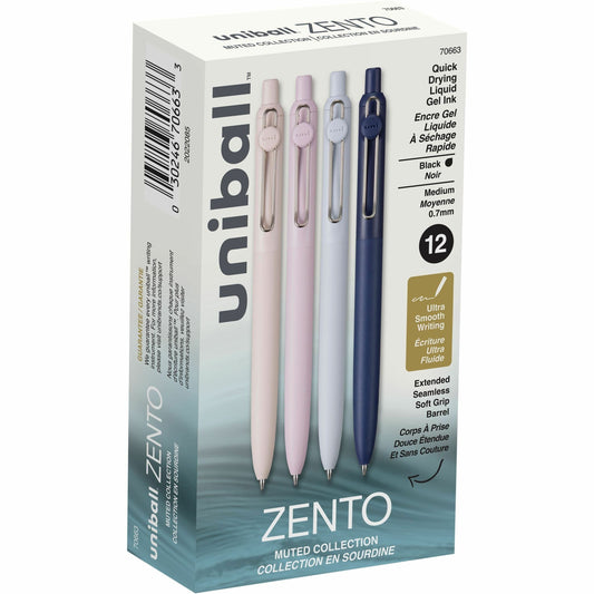 Uniball Zento Liquid Gel Ink Retractable Pens, Medium Point (0.7mm), Muted Barrels, Black Ink, Dozen
