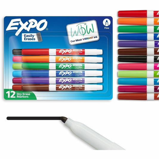 EXPO Dry Erase Markers, Low Odor Ink, Assorted Colors, Fine Tip, 12 Count - Whiteboard, Calendar, Organization, Essential Supplies for Office, School, Classroom, Teachers
