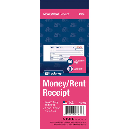 Adams Money/Rent Receipt Book, Carbonless, 3-Part, 2-3/4" x 7-3/16", 50 Sets (TC2701)