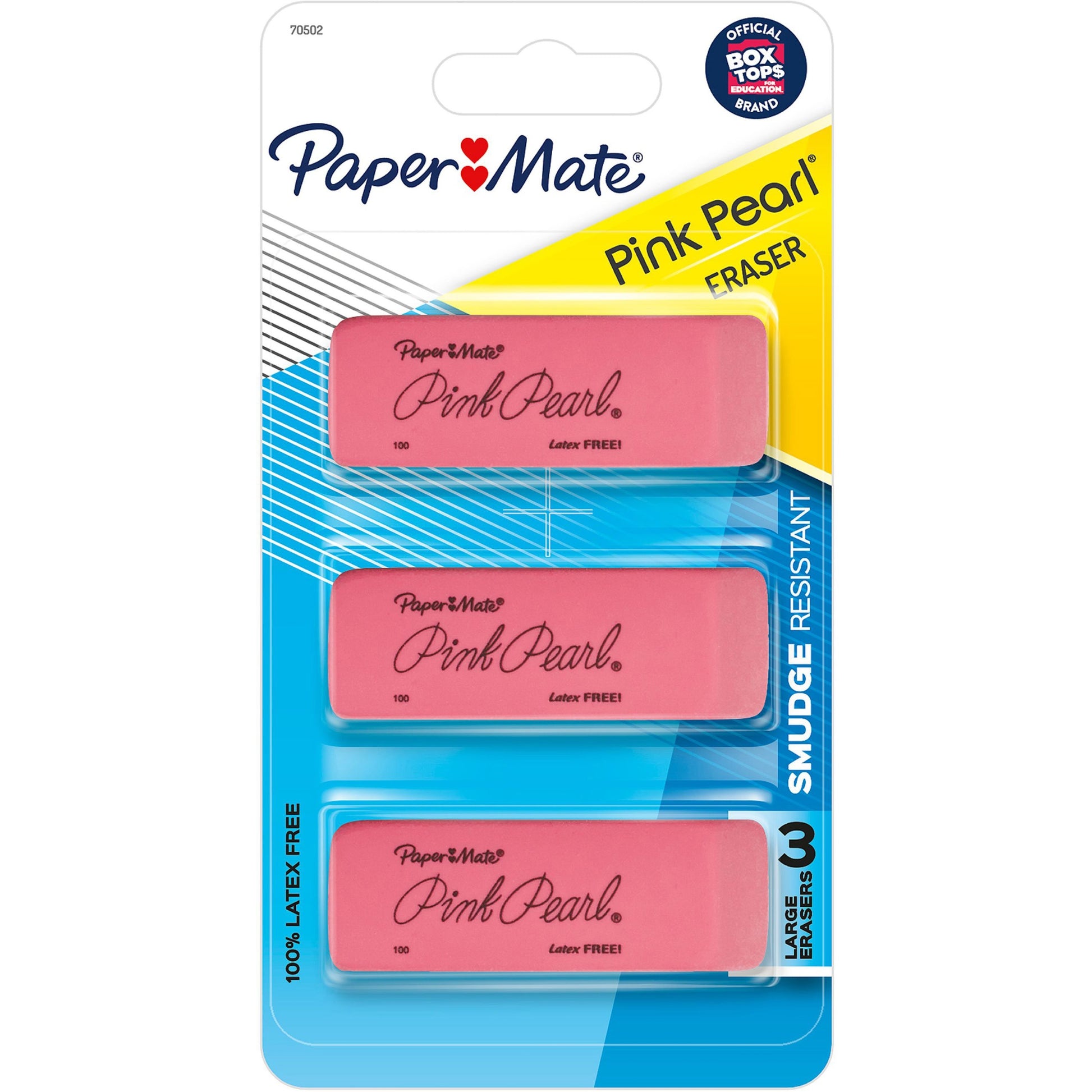 Paper Mate Pink Pearl Eraser, For Pencil Marks, Rectangular Block, Medium, Pink, 3/Pack (70502)