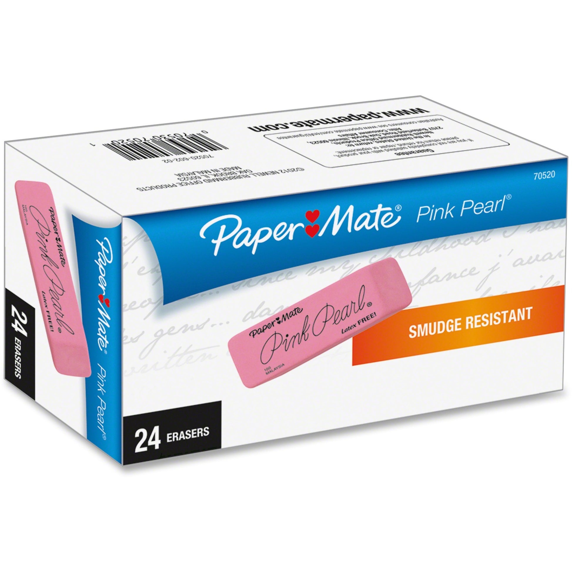 Paper Mate Pink Pearl Eraser, For Pencil Marks, Rectangular Block, Medium, Pink, 24/Box (70520)