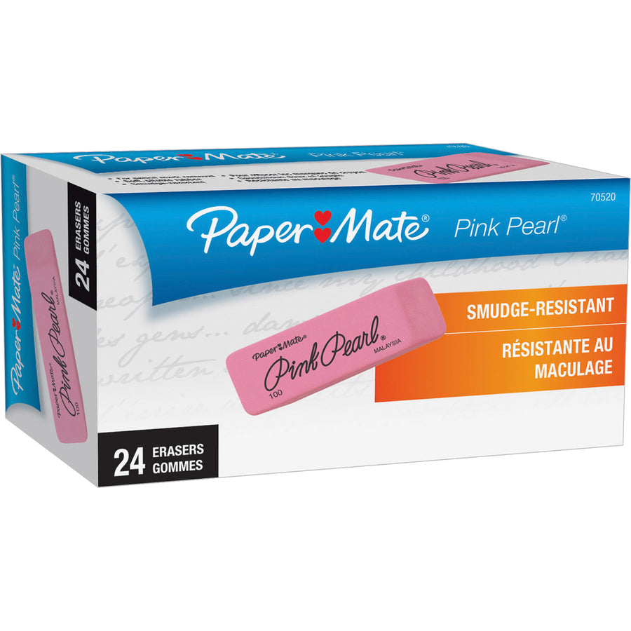 Paper Mate Pink Pearl Eraser, For Pencil Marks, Rectangular Block, Medium, Pink, 24/Box (70520)
