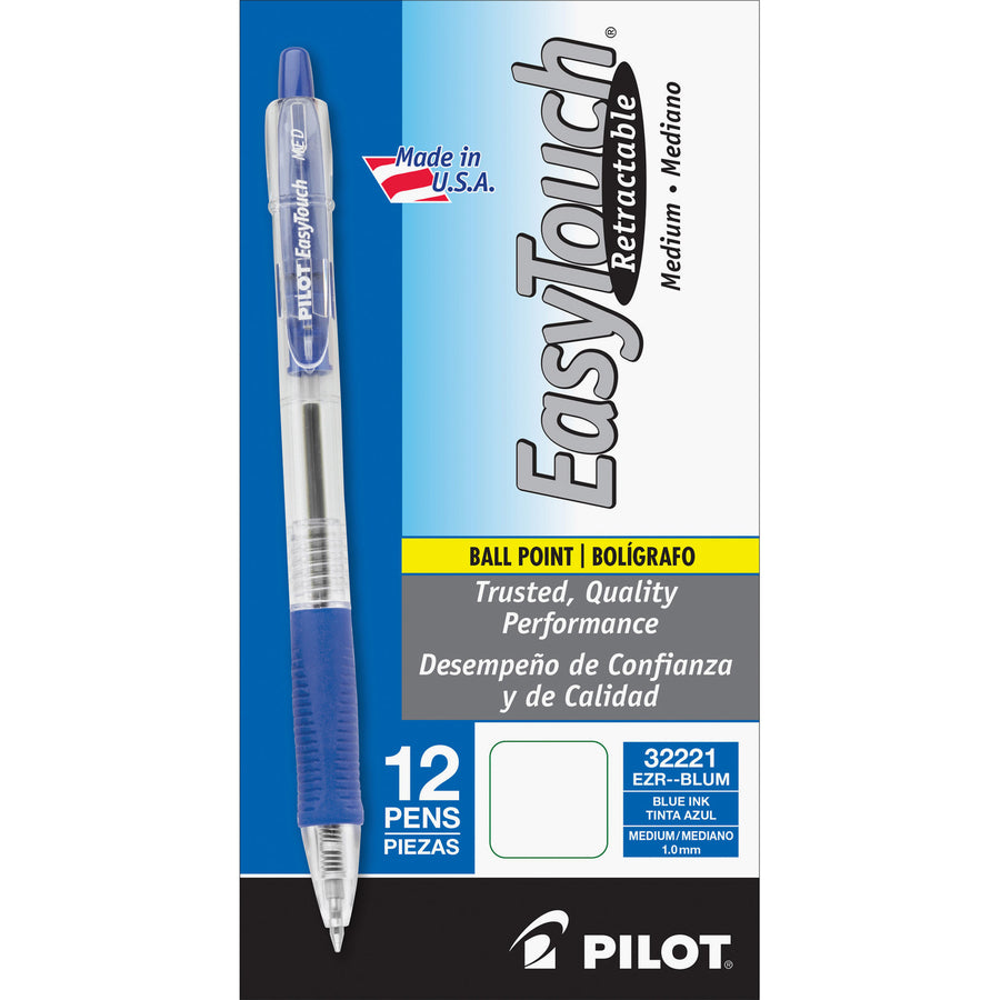 Pilot EasyTouch Refillable; & Retractable Ballpoint Pens, Medium Point (1.0mm), Blue Ink – 12-Pack (32221)