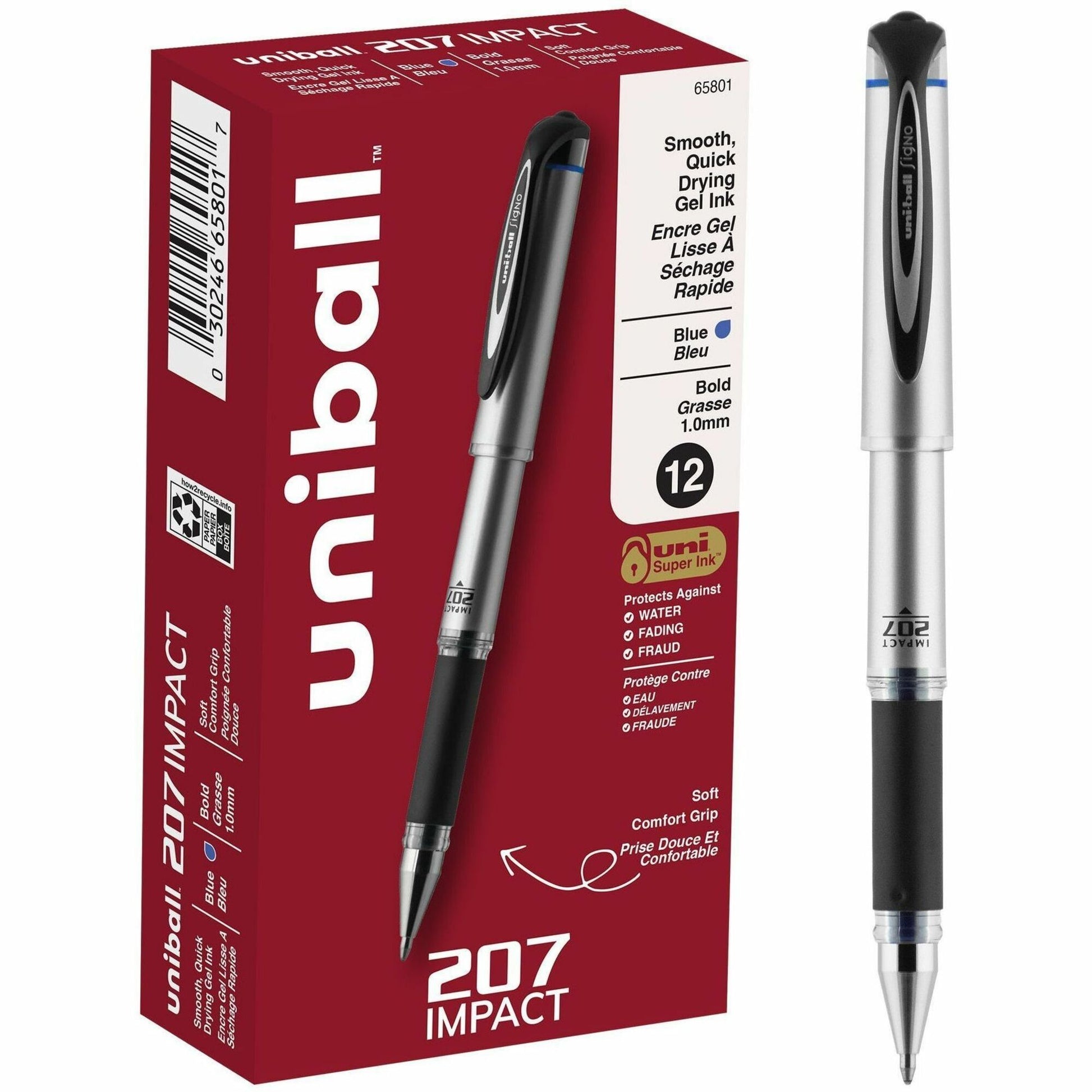 65801 Uni-Ball Signo Gel Impact 207 Rollerball Pen, 1.0mm Bold, Blue, 12pk