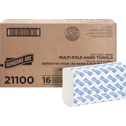 Genuine Joe Multifold Paper Towels, 1-Ply, White, 250 Sheets/Pack, 16 Packs/Carton (21100)