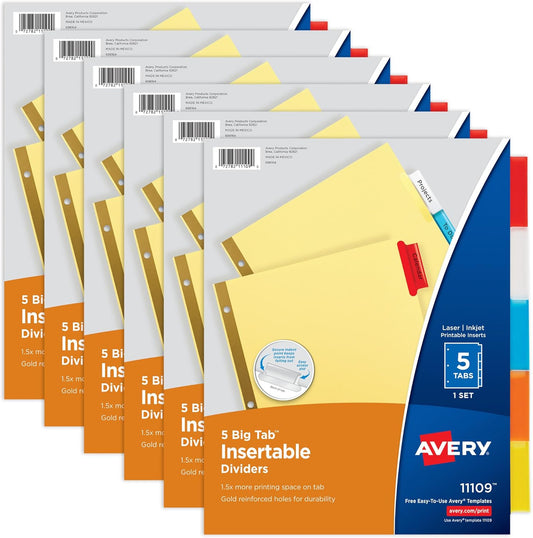 Avery 5-Tab Binder Dividers, Insertable Multicolor Big Tabs, 6 Sets (11109)