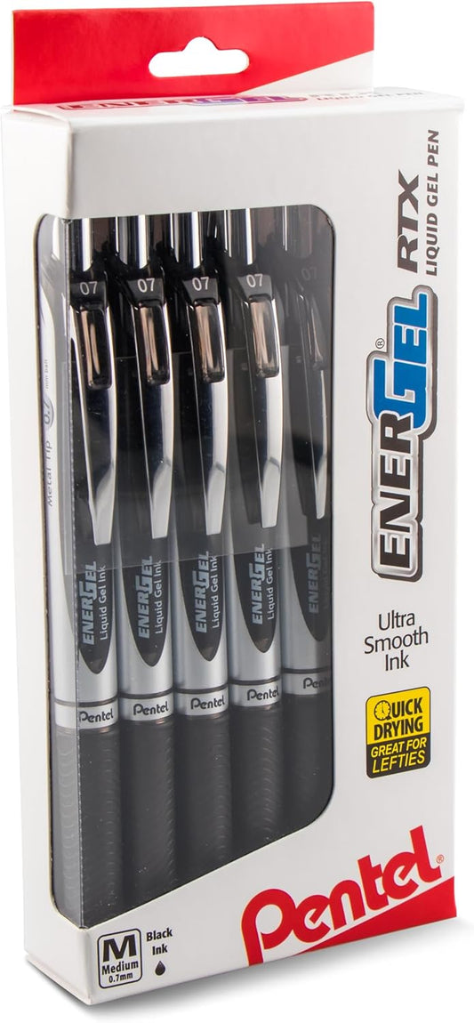 Pentel EnerGel RTX Retractable Liquid Gel Pens, 0.7mm Medium Point, Black Ink, Metal Tip, 12 Pack (BL77PC12A1)