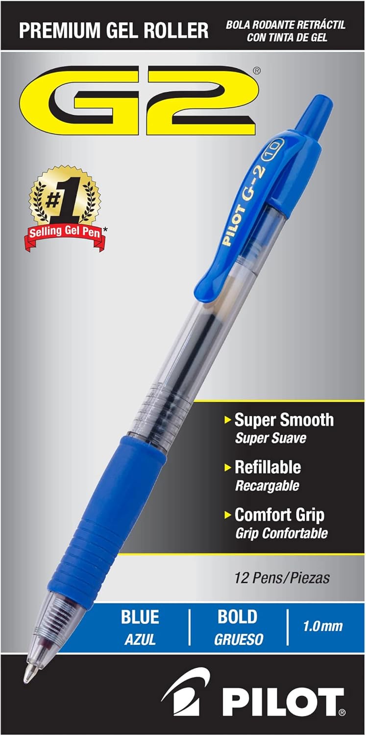 Pilot G2 Retractable Premium Gel Ink Roller Ball Pens, 1.0 Bold, Blue, 12 Count