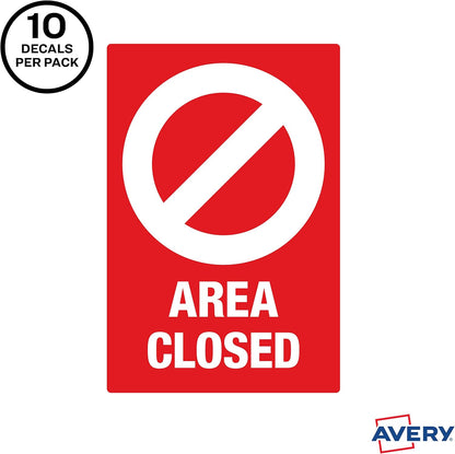 Avery "Area Closed" Wall Decals – Safety Signs, 4" x 6", Red, 10/Pack (83071)