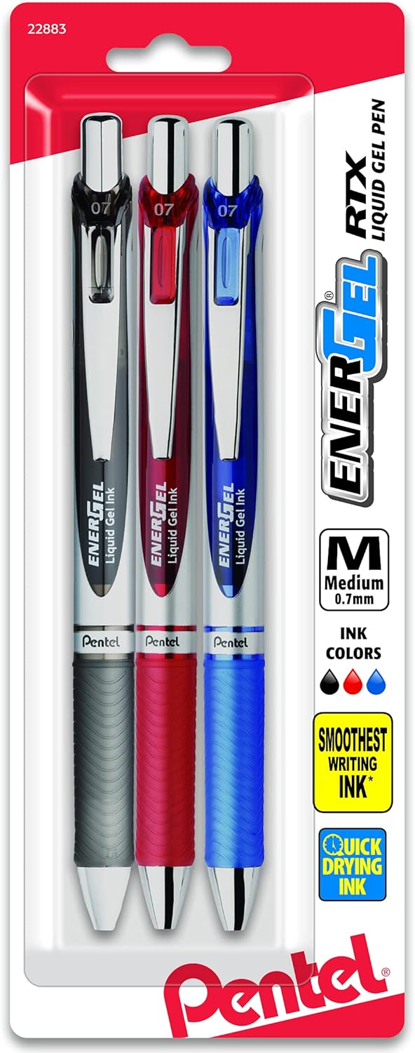 Pentel EnerGel Deluxe RTX Retractable Gel Pens, 0.7mm Medium Point, Assorted Ink – 3 Pack (BL77BP3M)