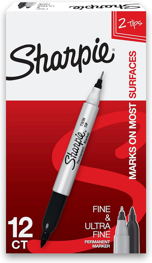 Sharpie Twin Tip Permanent Markers, Fine and Ultra Fine, Black, 12 Pack (32201BX)