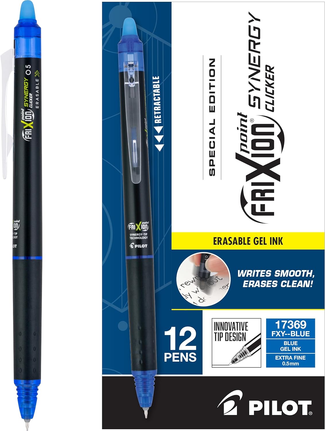 Pilot FriXion Synergy Clicker Erasable Gel Pens – 0.5mm Extra Fine, Blue Ink, 12-Pack