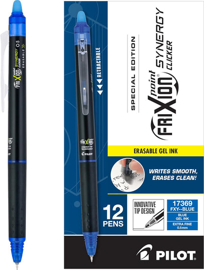 Pilot FriXion Synergy Clicker Erasable Gel Pens – 0.5mm Extra Fine, Blue Ink, 12-Pack