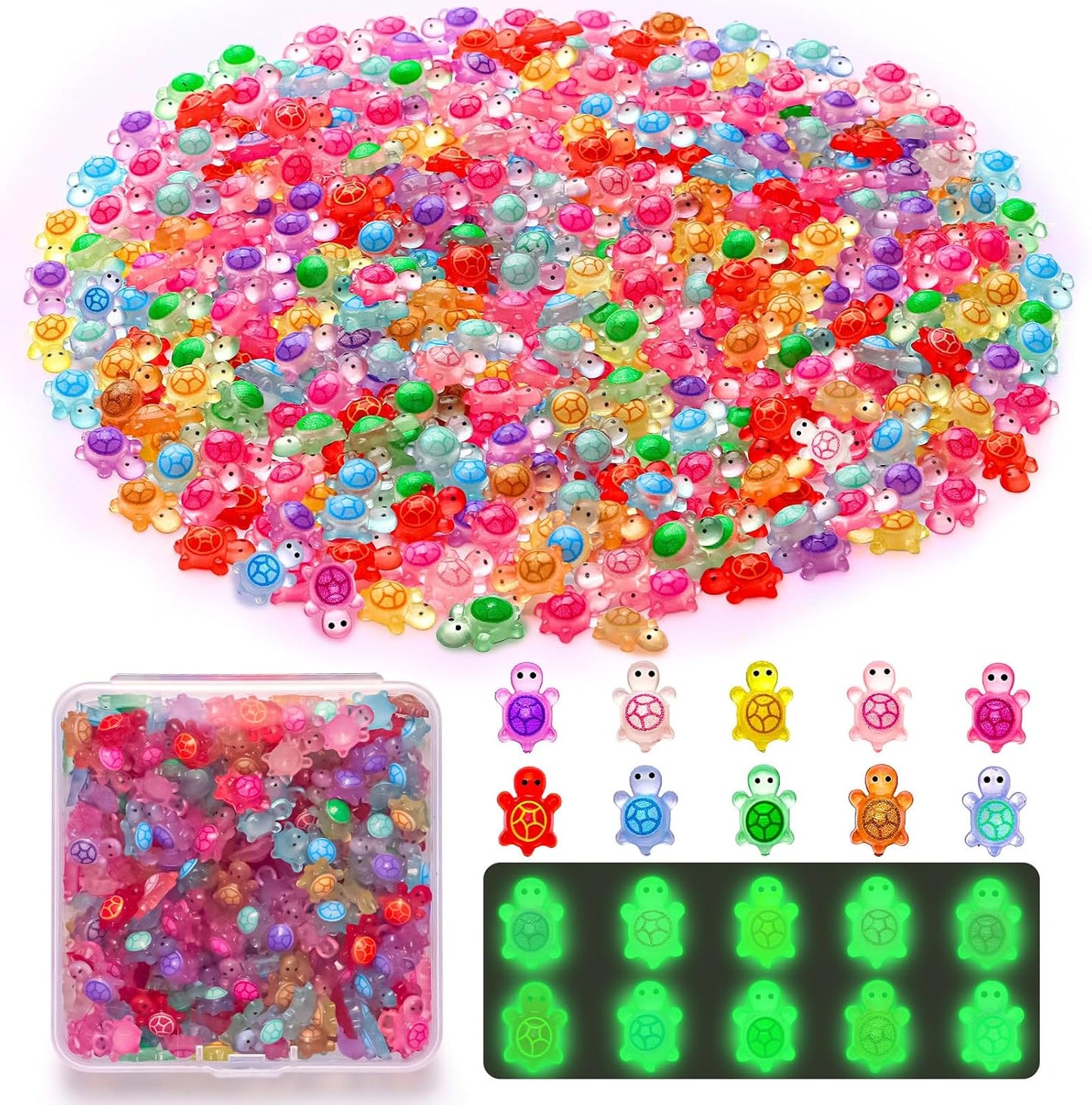 200-Pack Mini Resin Glow-in-the-Dark Sea Turtles – Tiny Craft Figurines for Fairy Gardens, Dollhouses; Ocean-Themed Decor
