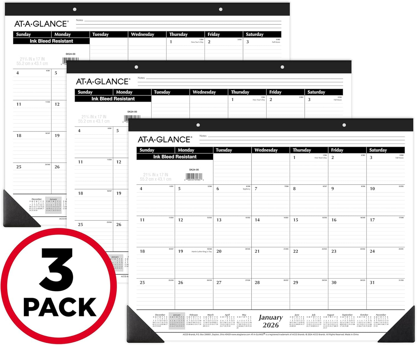 AT-A-GLANCE 2026 Desk Calendar, Monthly, Desk Pad, 21-3/4" x 17", Large, Ruled Blocks 3 Pack (SK240026)