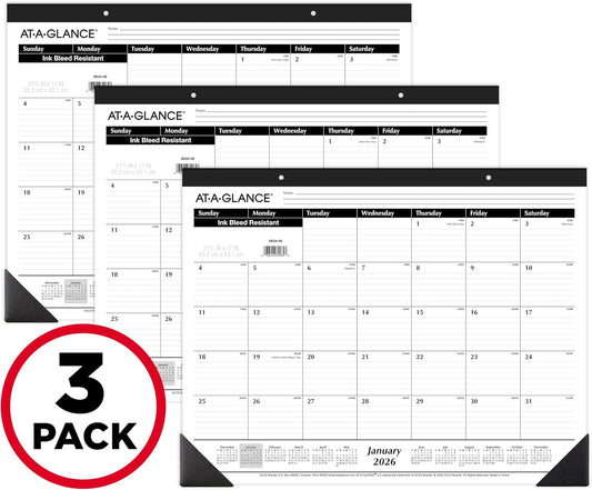 AT-A-GLANCE 2026 Desk Calendar, Monthly, Desk Pad, 21-3/4" x 17", Large, Ruled Blocks 3 Pack (SK240026)