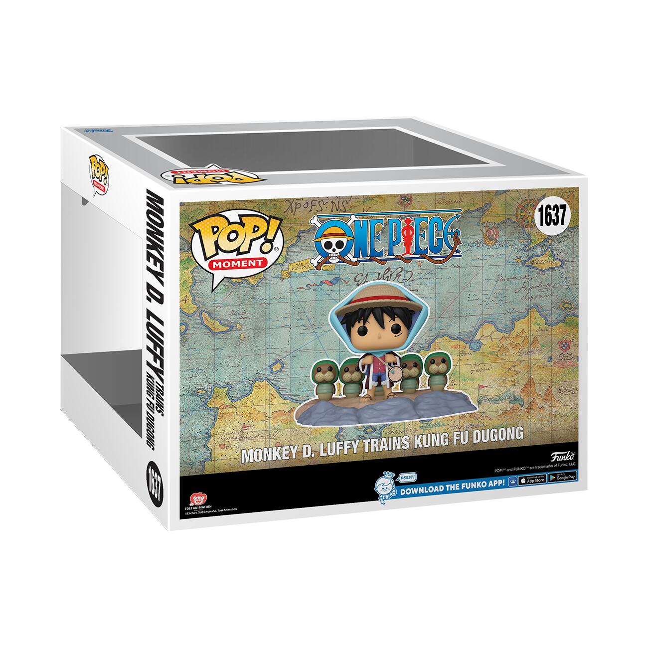 Funko Pop! packaging featuring Monkey D. Luffy from One Piece on a map background Packaging